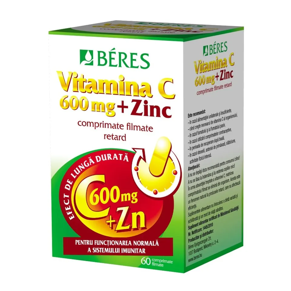 BERES VITAMINA C 600MG + ZN 60 COMPRIMATE FILMATE