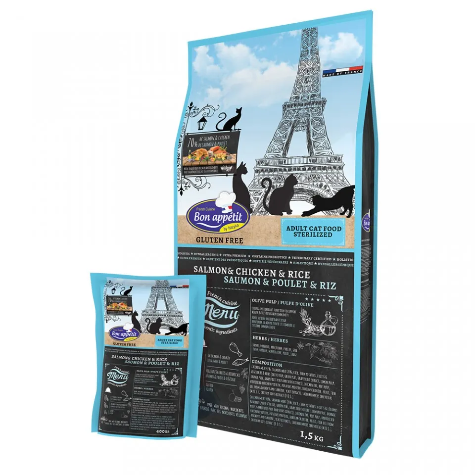 Bon Appetit STERILIZED - Somon, Pui si Orez - 400g - Hrana completa super-premium, hipoalergenica, fara gluten