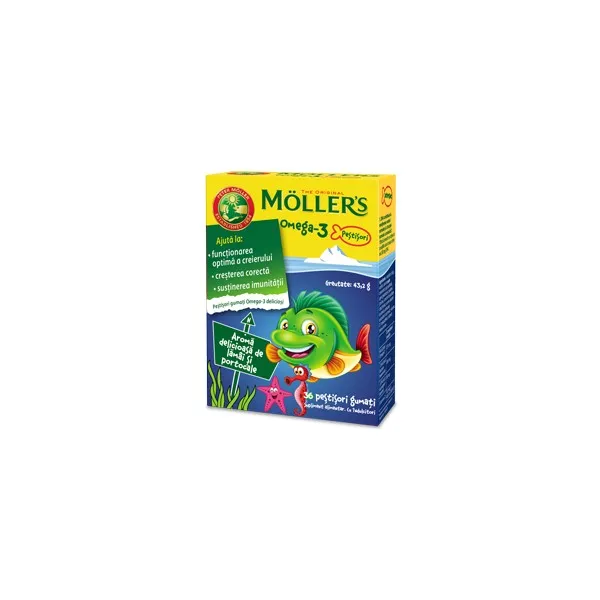 Moller's Omega3 Pestisori gumati capsuni + lamaie verde 36 bucati