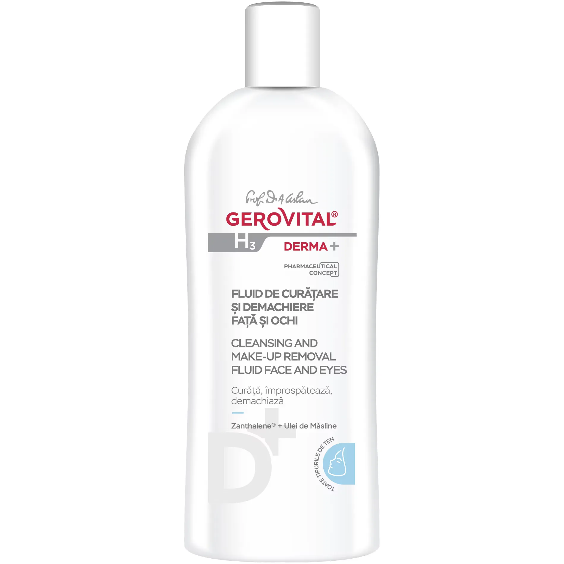 Fluid de curatare si demachiere fata si ochi H3 Derma+, 200 ml, Gerovital