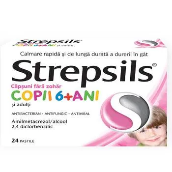Strepsils cu aroma de capsuni fara zahar copii 6+ ani, 24 pastile, Reckitt Benckiser