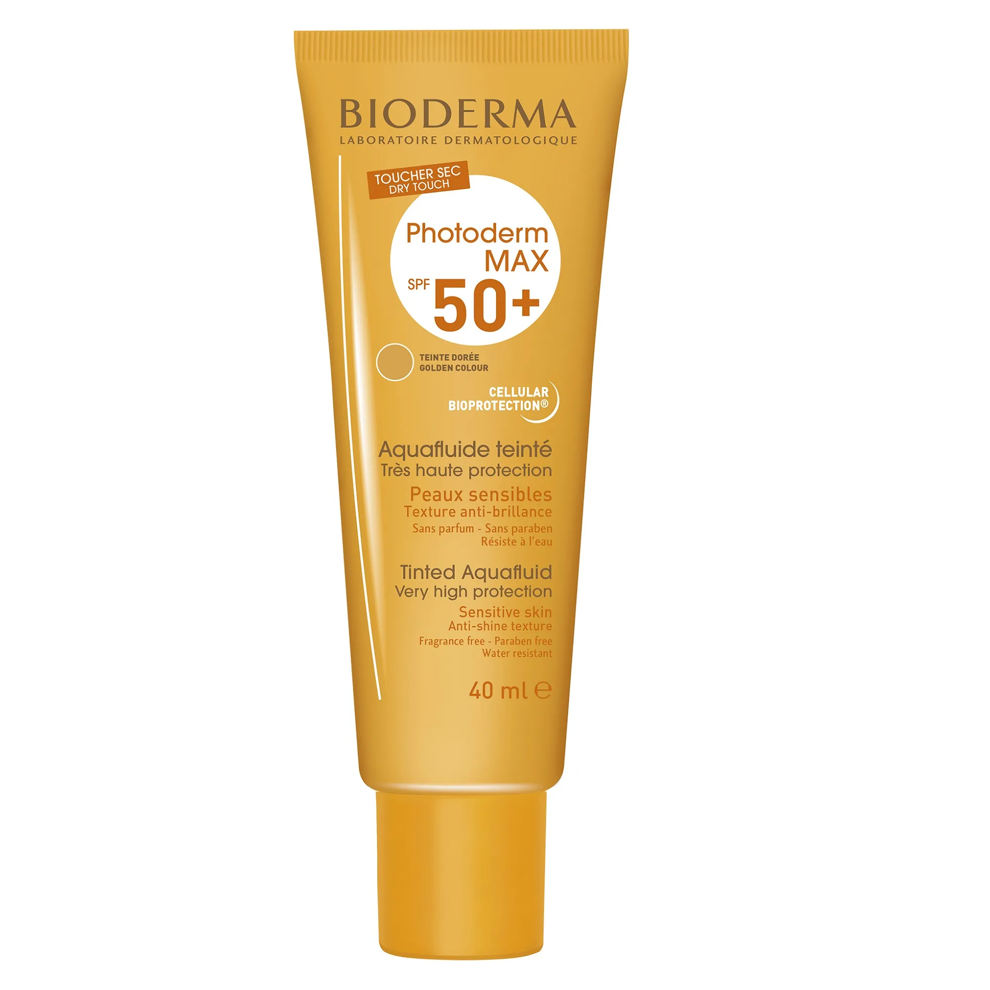 BIODERMA Fluid pentru protectie solara nuanta aurie Photoderm Max Aquafluide SPF 50+, 40 ml