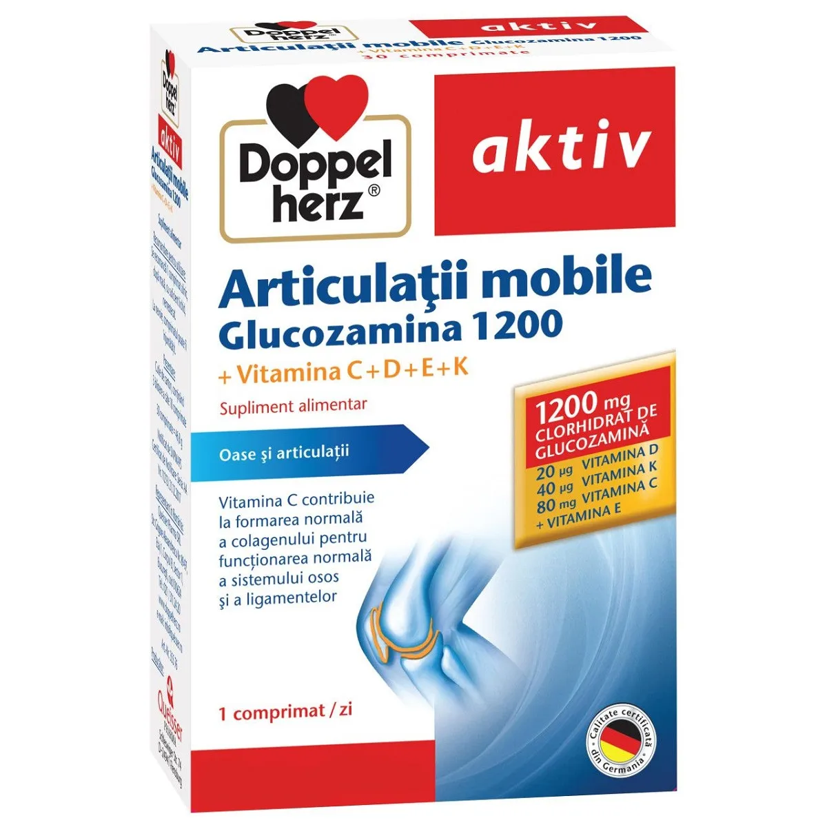 DOPPELHERZ Aktiv Articulatii mobile Glucozamina 1200 cu Vitaminele C-D-E-K, 30 comprimate