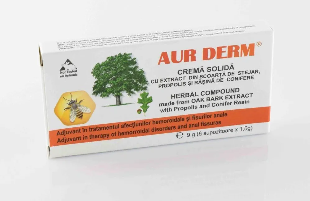 Aur Derm Supozitoare crema solida cu Extract Scoarta de Stejar, Propolis si Rasina conifere 6 bucati
