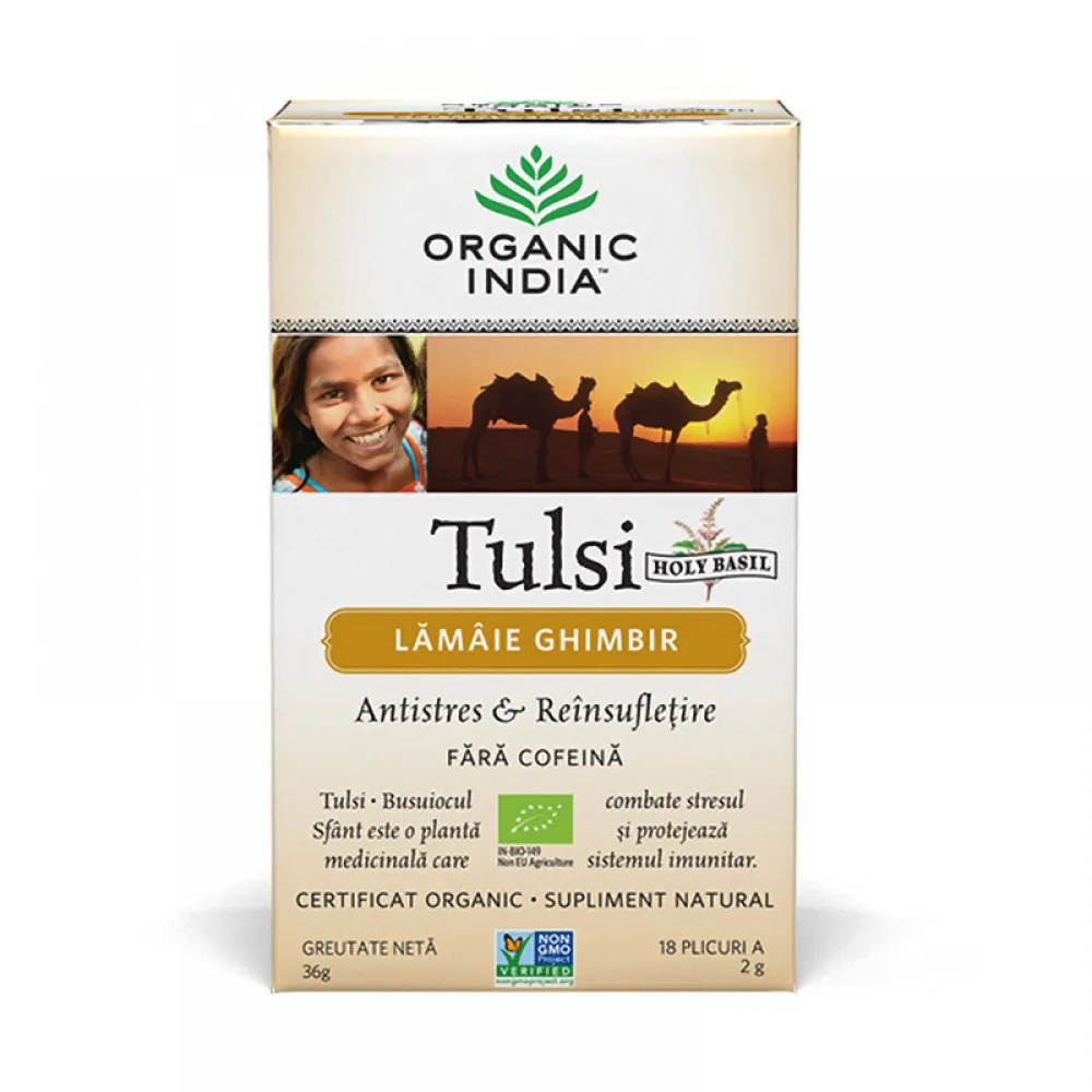 Ceai Tulsi Lamaie si Ghimbir (18 plicuri infuzie) , Organic India