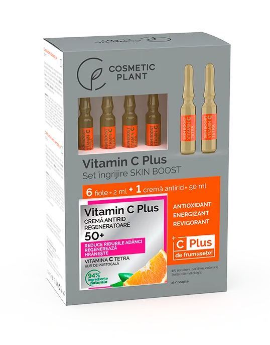 Set ingrijire 6 fiole Skin Boost si crema antirid regeneratoare 50+, 50 ml Vitamina C Plus, 6 x 2 ml, Cosmetic Plant