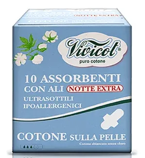 Absorbante de noapte extra lungi din bumbac bio, hipoalergenic, 3 picaturi, 10 bucati, Vivicot Puro