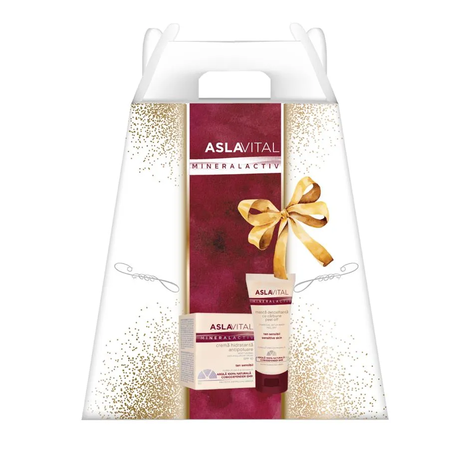 Caseta cadou Aslavital Mineralactiv: Crema hidratanta antipoluare SPF10, 50 ml + Masca detoxifianta cu carbune, 100 ml