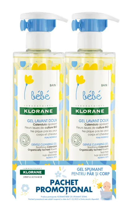 Gel spumant delicat corp si par pentru copii, 500 ml + 500 ml, Klorane Bebe