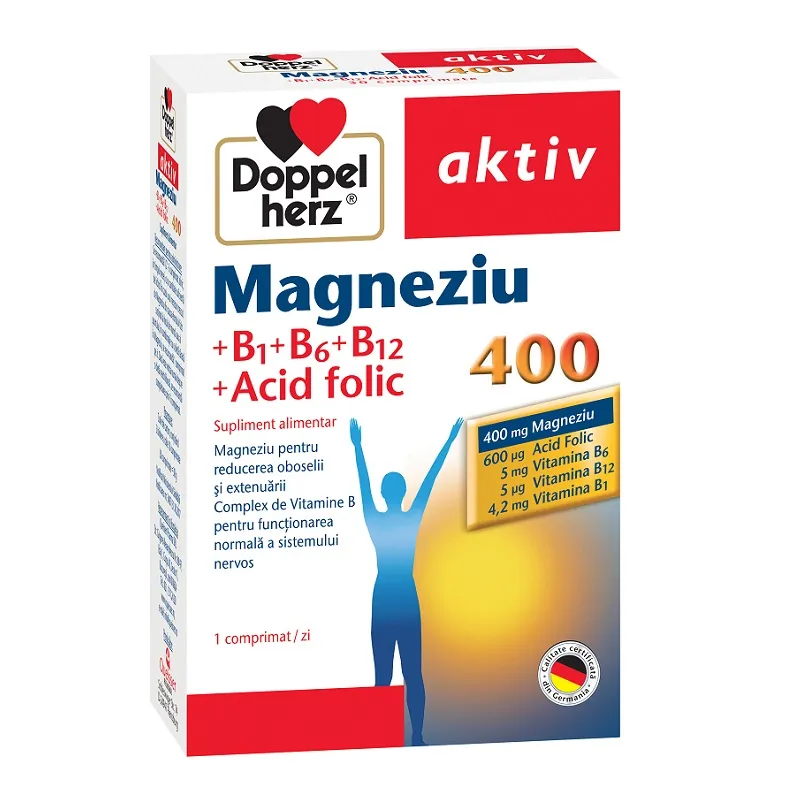 DOPPELHERZ Aktiv Magneziu 400 mg  B1  B12  Acid folic, 30 comprimate