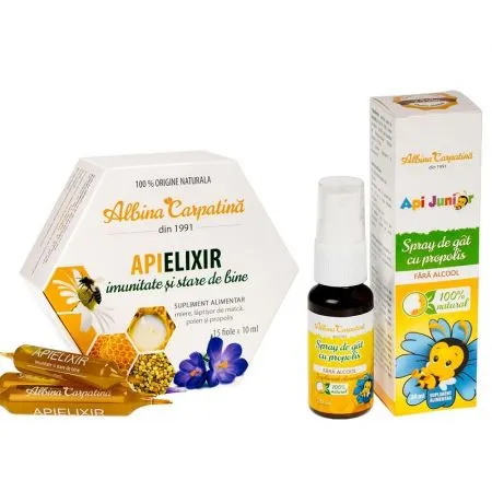 Apielixir 10 ml, 15 fiole + Spray de gat cu propolis ApiJunior Albina Carpatina, 20 ml, Apicola Pastoral