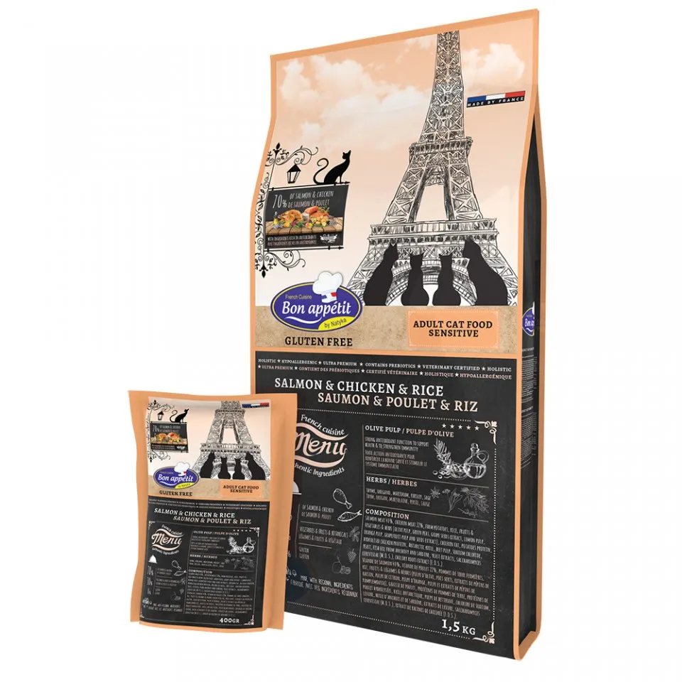 Bon Appetit SENSITIVE - Somon, Pui si Orez - 400g - Hrana completa super-premium, hipoalergenica, fara gluten