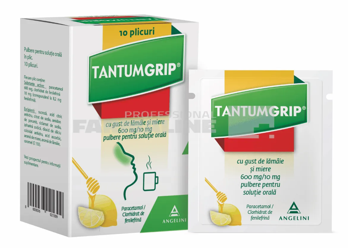 Tantum Grip cu gust de lamaie 600 mg/10 mg 10 plicuri