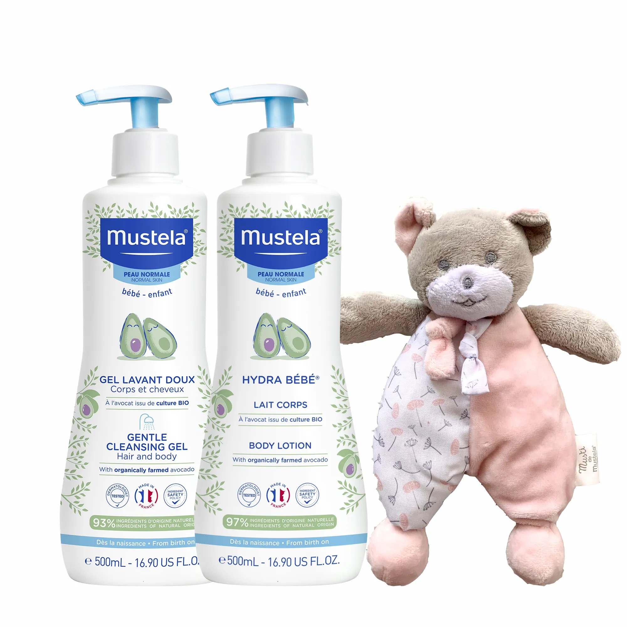 Pachet Fetite Mustela (Gel curatare par si corp, 500 ml + Hydra Bebe lotiune corp, 500 ml + Ursulet Musti roz)