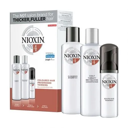 Kit complet anticadere puternica a parului vopsit, Sampon 300 ml + Balsam 300 ml + Tratament 100 ml, System 4, Nioxin