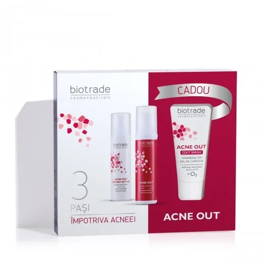 BIOTRADE ACNE OUT PROMO PACHET 3 PASI LOTIUNE ACTIVA 60 ML + CREMA HYDRO ACTIVA 60 ML + OXY GE
