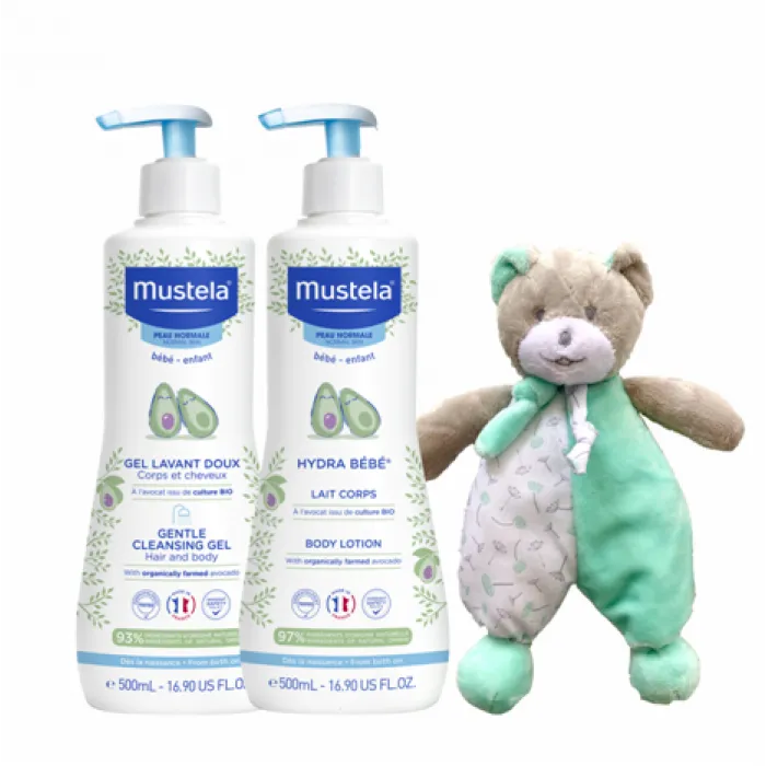 Pachet Baieti Mustela (Gel curatare par si corp, 500 ml + Hydra Bebe lotiune corp, 500 ml + Ursulet Musti verde)
