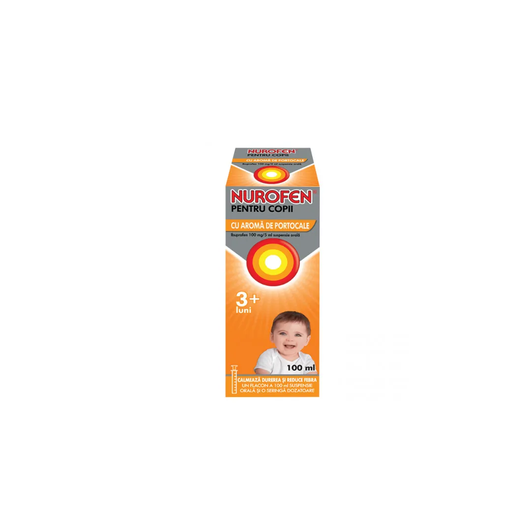 Nurofen 100mg pentru copii 3 luni aroma de portocale, 100 ml, Reckitt Benckiser Healthcare