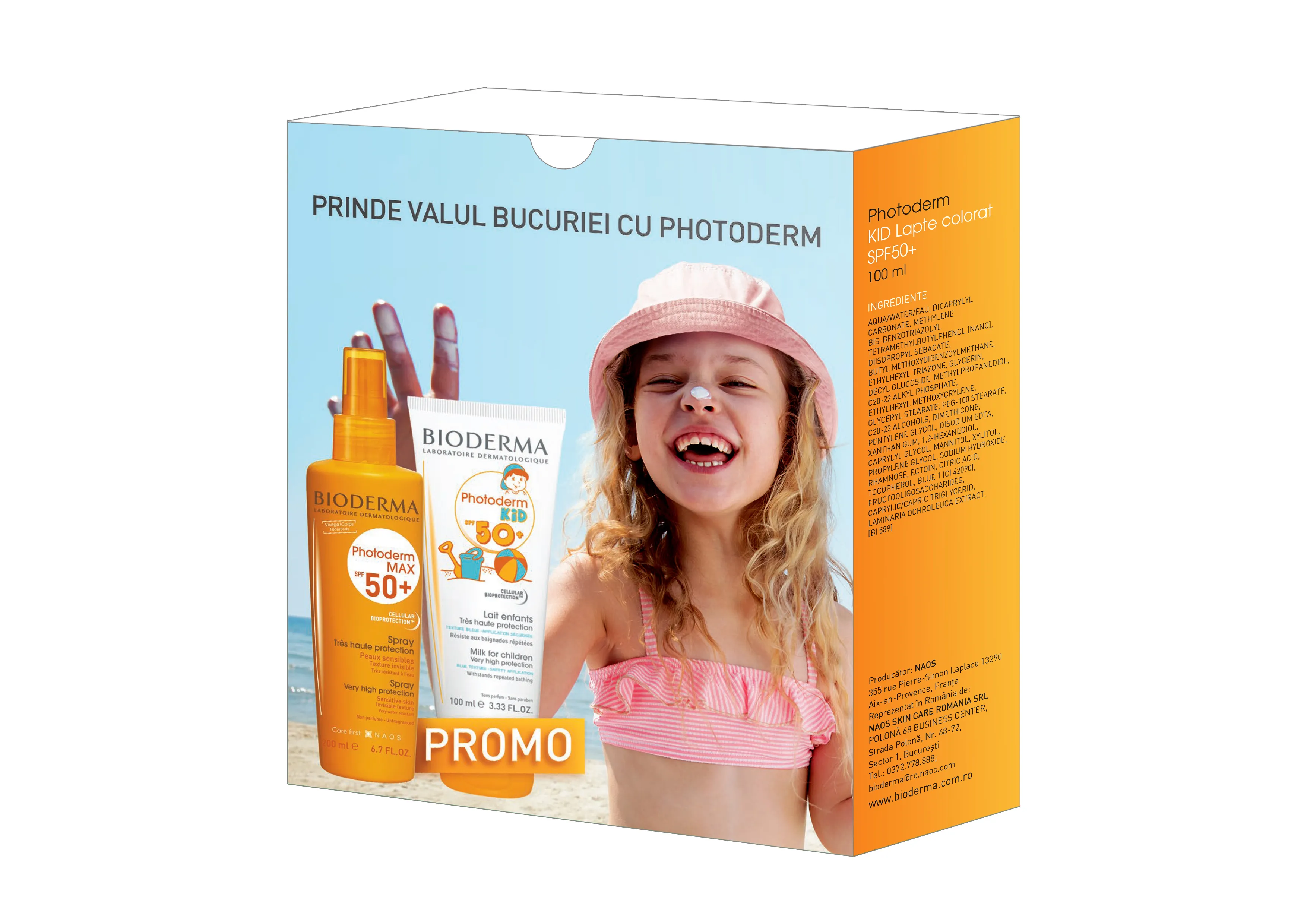 Spray SPF50+ Photoderm Max, 200ml + Lapte colorat SPF50+, Photoderm Kid, 100ml, Bioderma