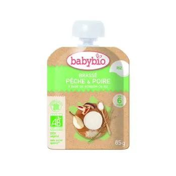 Piure de pere, piersici si lapte de orez Bio, 85g, BabyBio