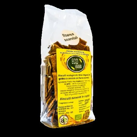 Biscuiti bio integrali cu seminte de floarea soarelui, 200 g, Ecomania