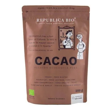 Pulbere ecologica pura de cacao fara gluten, 200 g, Republica Bio