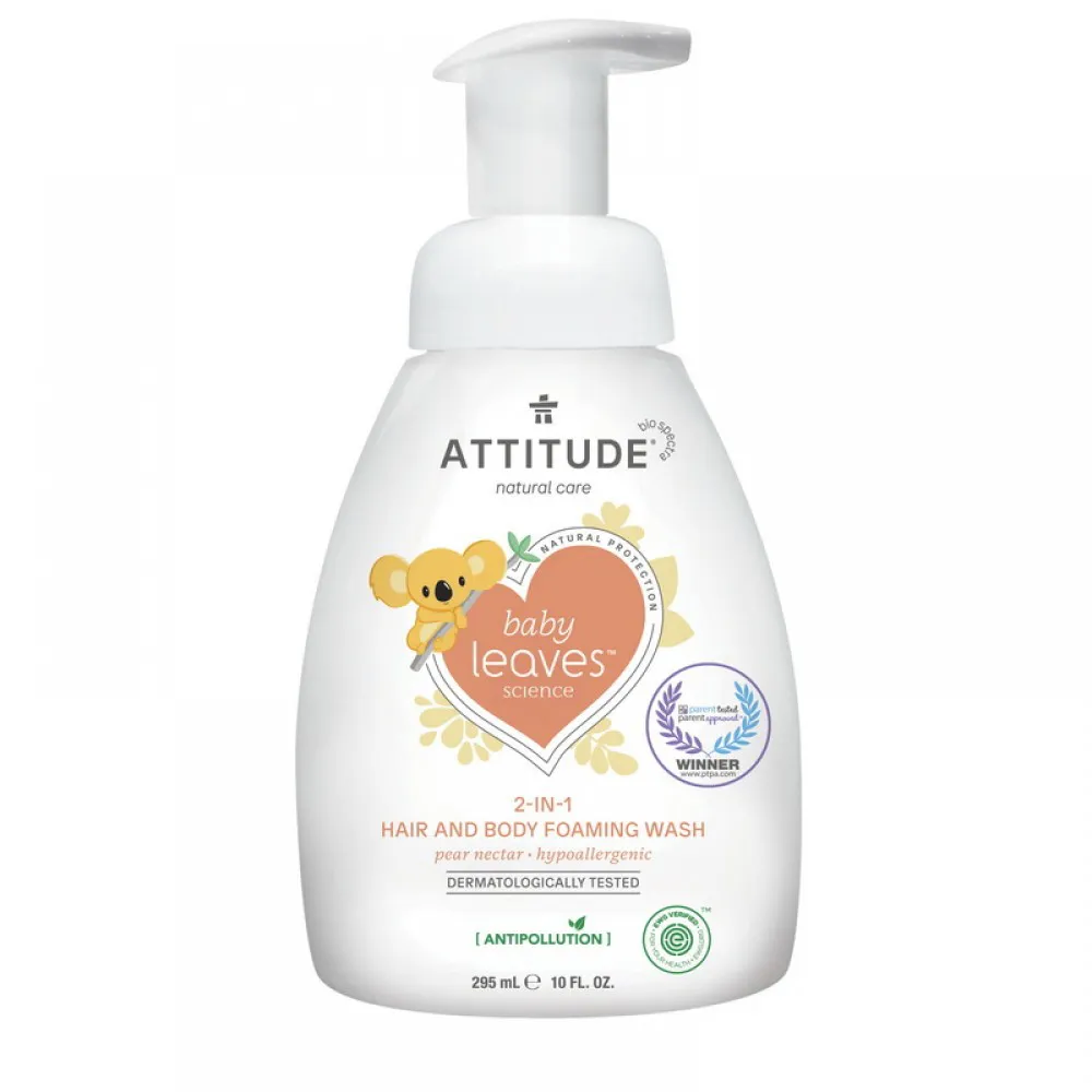 Baby Leaves 2 in 1 Spuma pentru par si corp, Nectar de pere (295 ml), Attitude