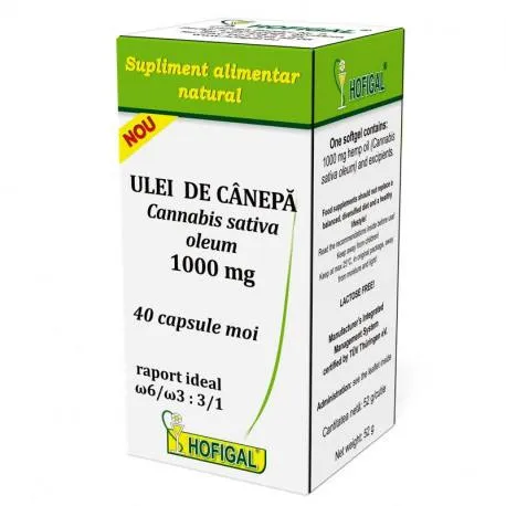 HOFIGAL Ulei de canepa 1000 mg supliment alimentar care ajuta la dezvoltarea creierului, 40 capsule