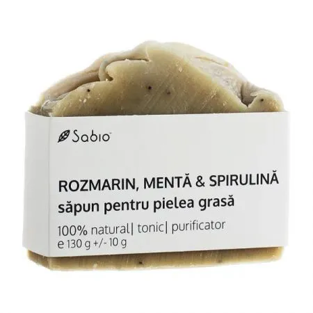 Sapun natural pentru pielea grasa cu rozmarin, menta si spirulina, 130 g, Sabio