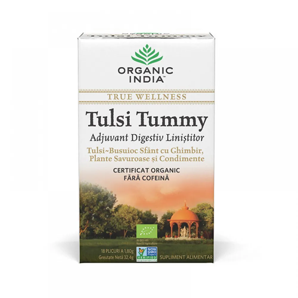 Ceai Tulsi Tummy - digestiv cu plante linistitoare si condimente (18 plicuri infuzie) , Organic India