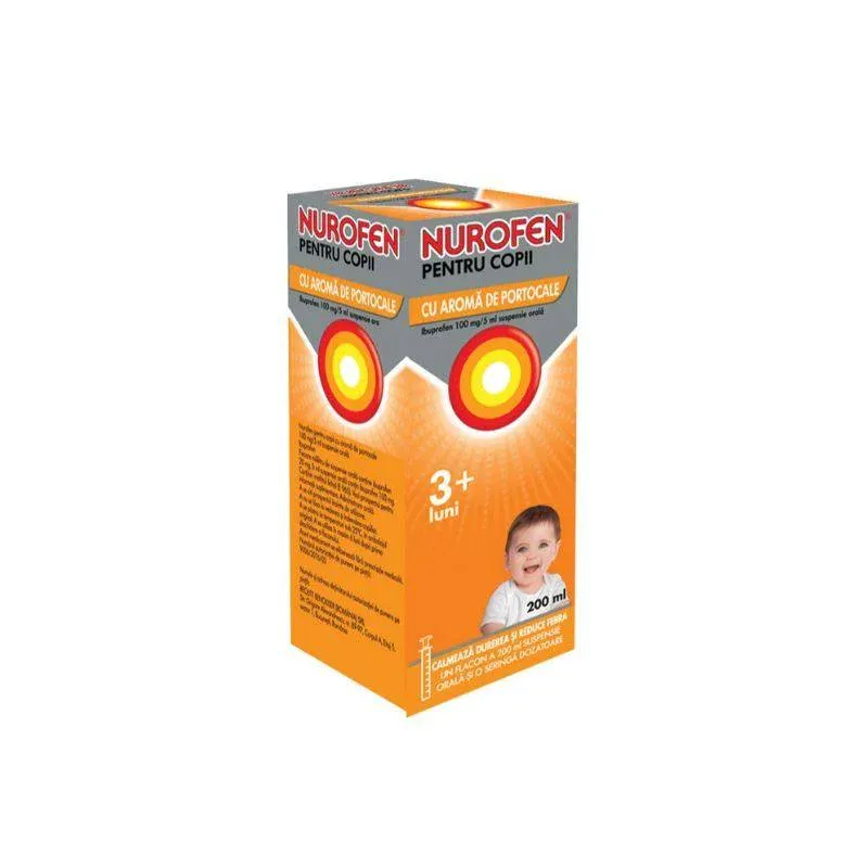 Nurofen 100mg pentru copii 3 luni aroma de portocale, 200 ml