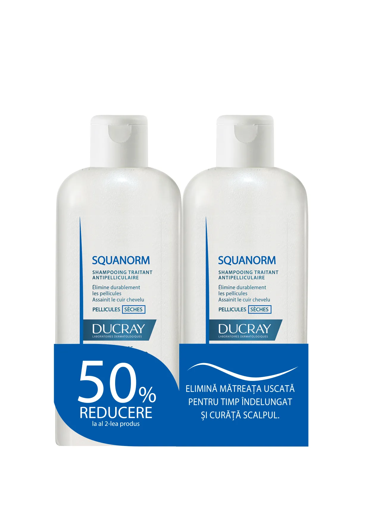 Pachet Ducray Squanorm Sampon impotriva matretii uscate 200ml -50% reducere al 2-lea produs