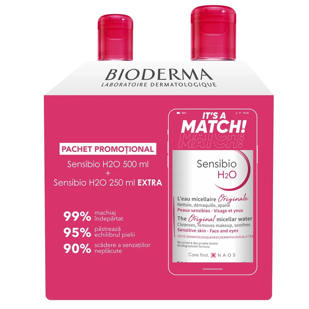 Pachet Solutie micelara Sensibio H2O, 500 ml + 250 ml, Bioderma