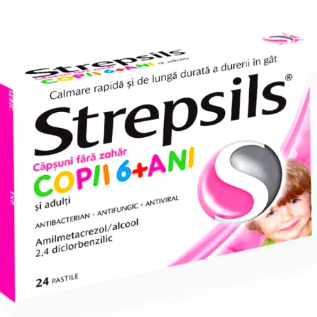 Reckitt Strepsils cu aroma de capsuni fara zahar copii 6+ ani, 24 pastile