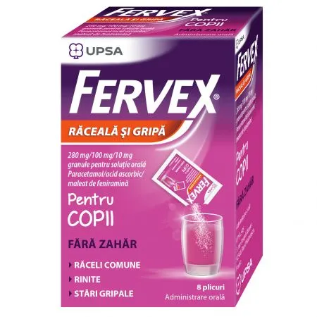 Fervex Raceala si Gripa fara zahar pentru copii, 280mg/100 mg/10 mg, 8 plicuri, Upsa