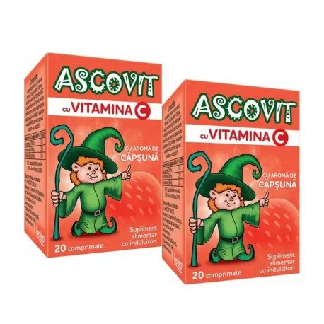 Ascovit 100 mg capsuni, 20 comprimate 1+1 cadou