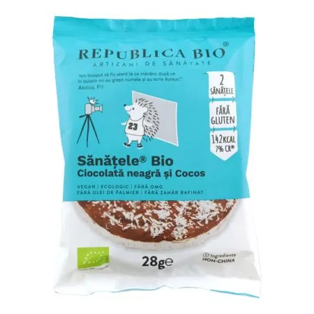 Sanatele Bio cu ciocolata neagra si cocos ecologic, fara gluten, 28 g, Republica Bio