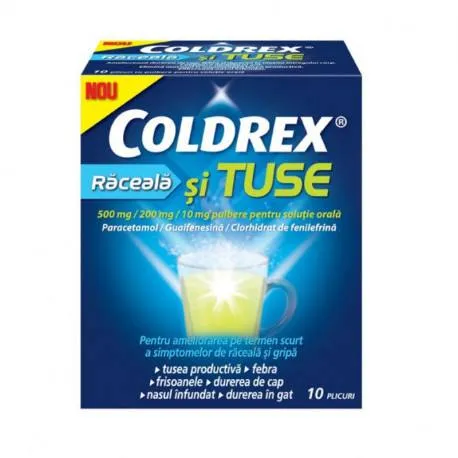 Coldrex Raceala si Tuse 500mg/200mg/10mg, 10 plicuri pulbere pentru solutie orala