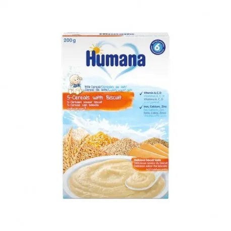 HUMANA 5 Cereale cu Lapte si Biscuiti, de la 6 luni, 200g