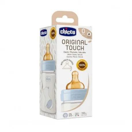 Chicco Original Touch Biberon tetina cauciuc, flux lent, baieti, 0luni+, 150 ml