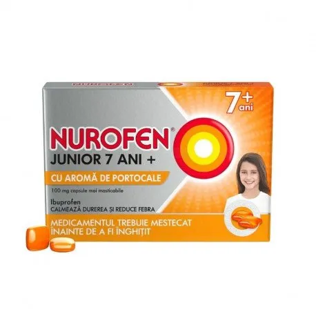 Nurofen Junior 7 ani+ cu aroma de portocale 100 mg, 12 capsule moi