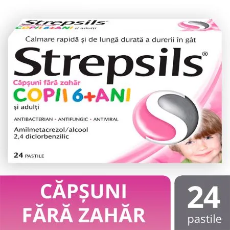 Strepsils cu aroma de capsuni fara zahar copii 6+ ani, 24 pastile, Reckitt Benckiser Healthcare