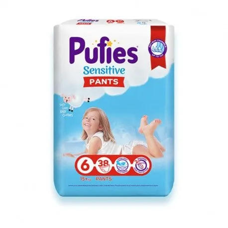 Pufies Pants Sensitive 6 Extra Large, +15kg, 38 bucati