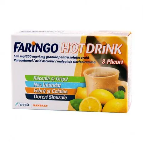 Faringo Hot Drink 500mg/200mg/4mg x 8 plic. gran. susp. orala