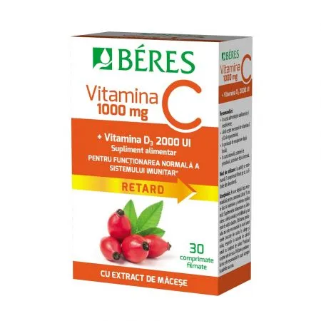 Vitamina C 1000 mg comprimat filmat RETARD + Vitamina D3 2000 UI, 30 comprimate, Beres
