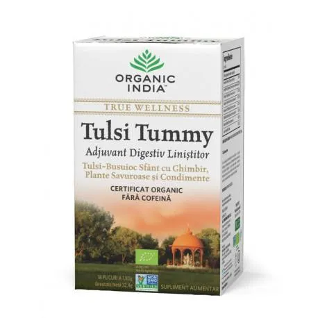 ORGANIC INDIA Ceai Digestiv Tulsi (Busuioc Sfant) Tummy cu Ghimbir, Plante Savuroase si Condimente