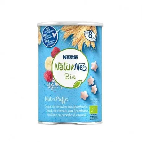Gustare din cereale NaturNes BIO NutriPuffs cu zmeura 35g, de la 8 luni