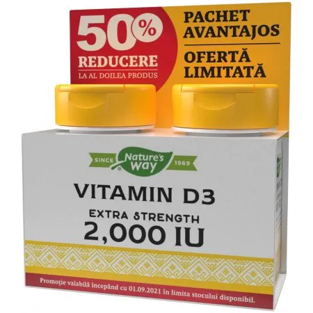 Pachet Vitamina D3 Nature's Way, 2000 UI, 30 capsule + 30 capsule, Secom