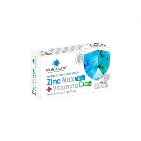 BioSunLine Zinc Max 15 mg cu vitamina C si fructe de soc negru, 30 comprimate