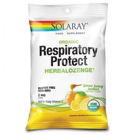Dropsuri pentru gat Respiratory Protect HerbaLozenge Lemon Honey Soother Solaray, 18 bucati, Secom